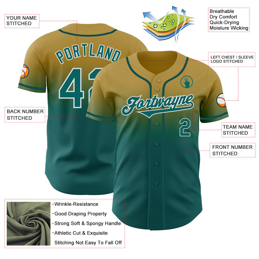 Custom Old Gold Teal-White Authentic Fade Fashion Baseball Jersey view 3