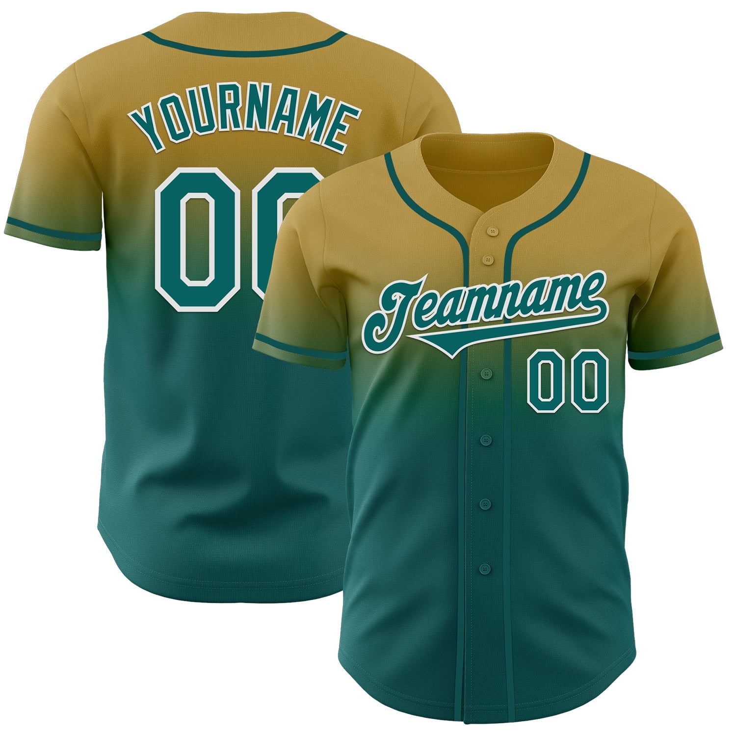 Custom Old Gold Teal-White Authentic Fade Fashion Baseball Jersey - Main View