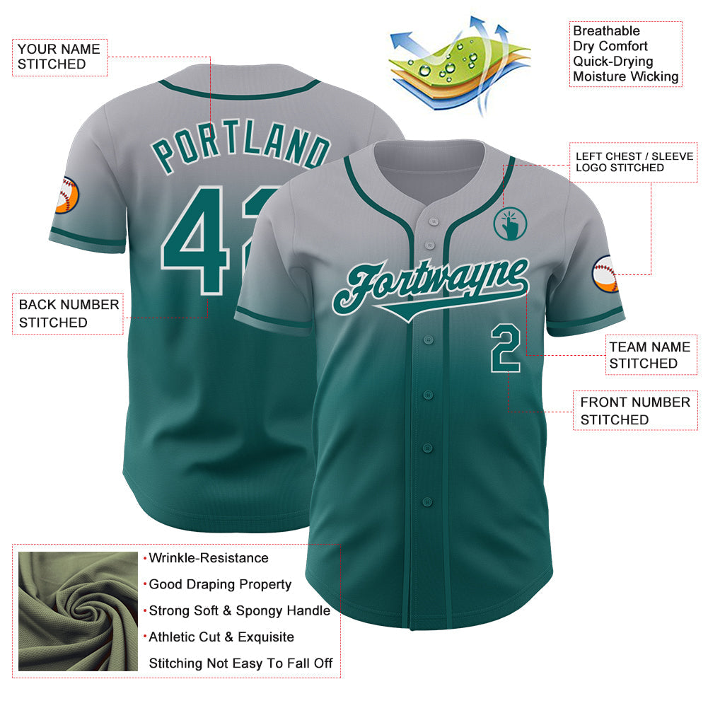 Custom Gray Teal-White Authentic Fade Fashion Baseball Jersey view 3