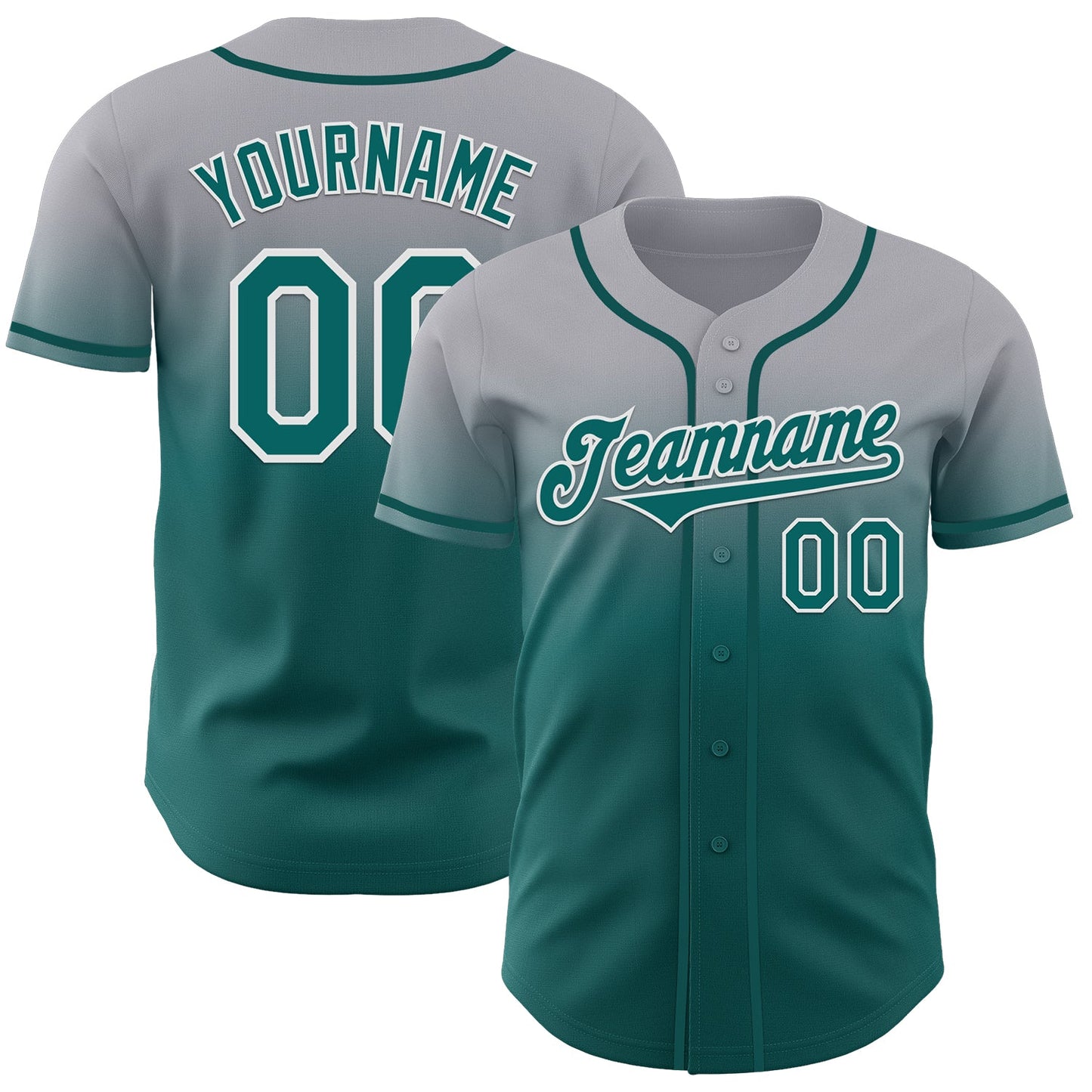 Custom Gray Teal-White Authentic Fade Fashion Baseball Jersey - Main View