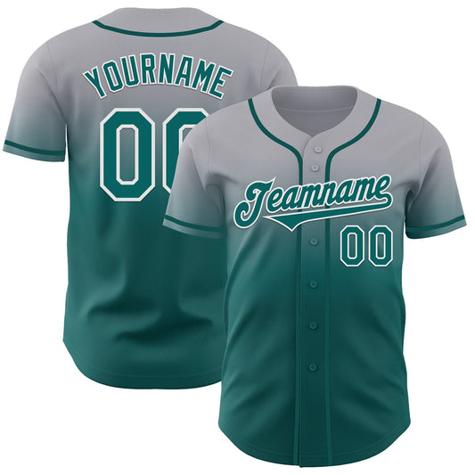 Custom Gray Teal-White Authentic Fade Fashion Baseball Jersey - Main View