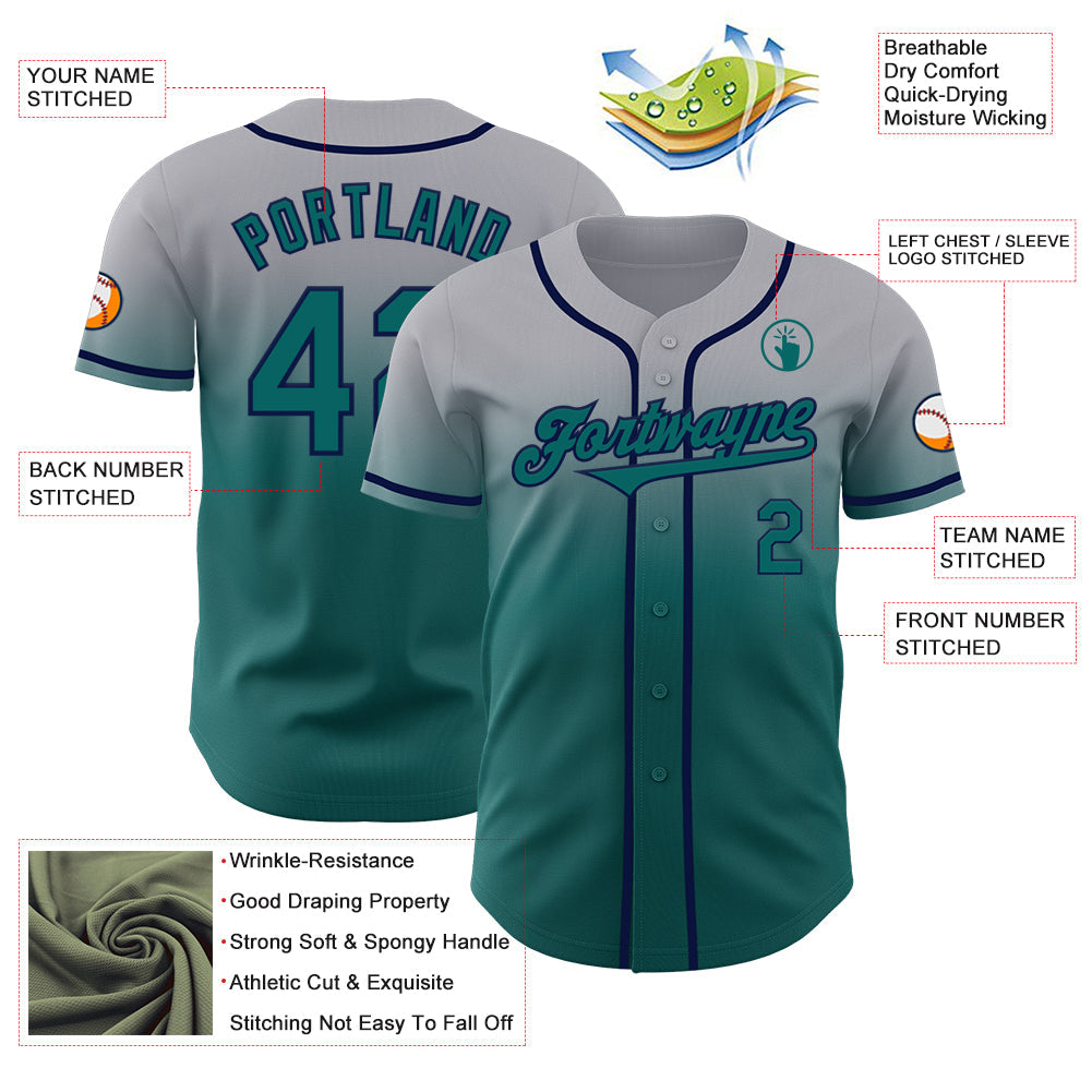 Custom Gray Teal-Navy Authentic Fade Fashion Baseball Jersey view 3