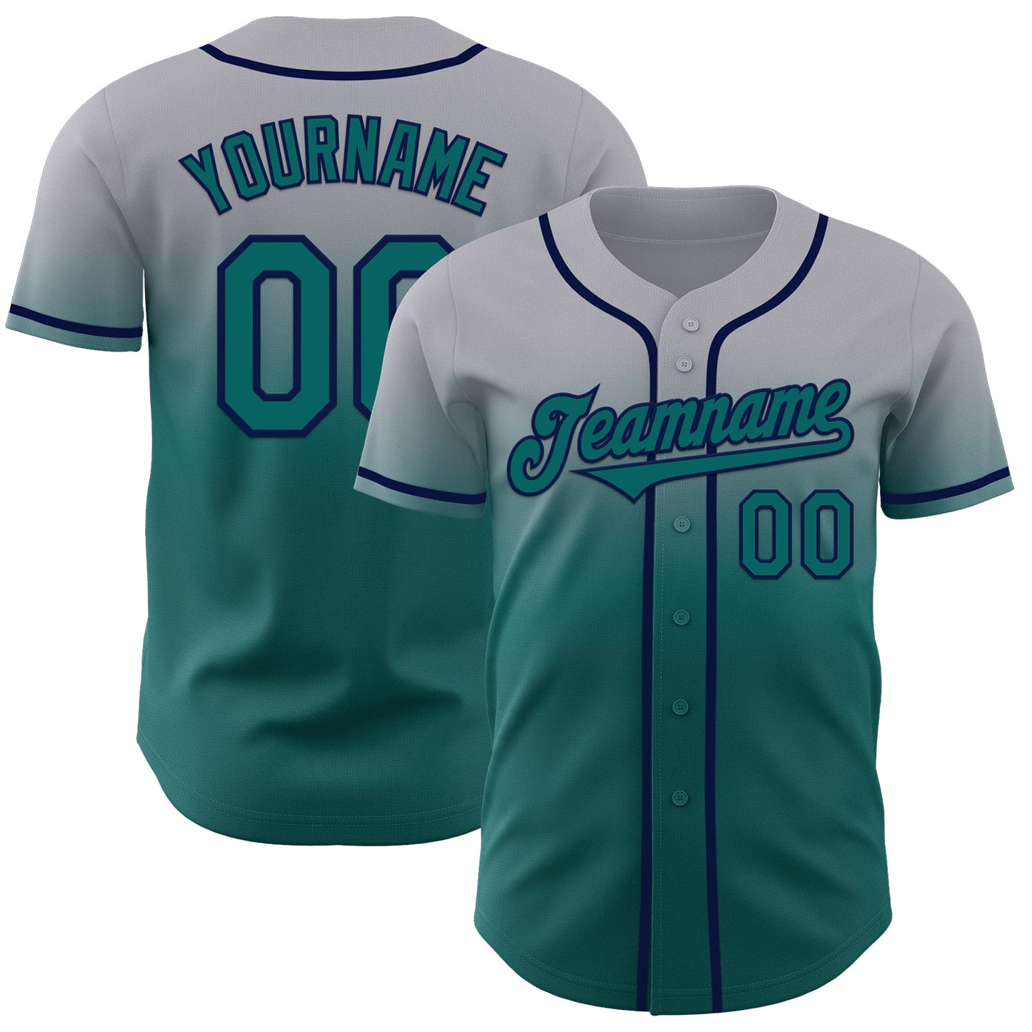 Custom Gray Teal-Navy Authentic Fade Fashion Baseball Jersey - Main View