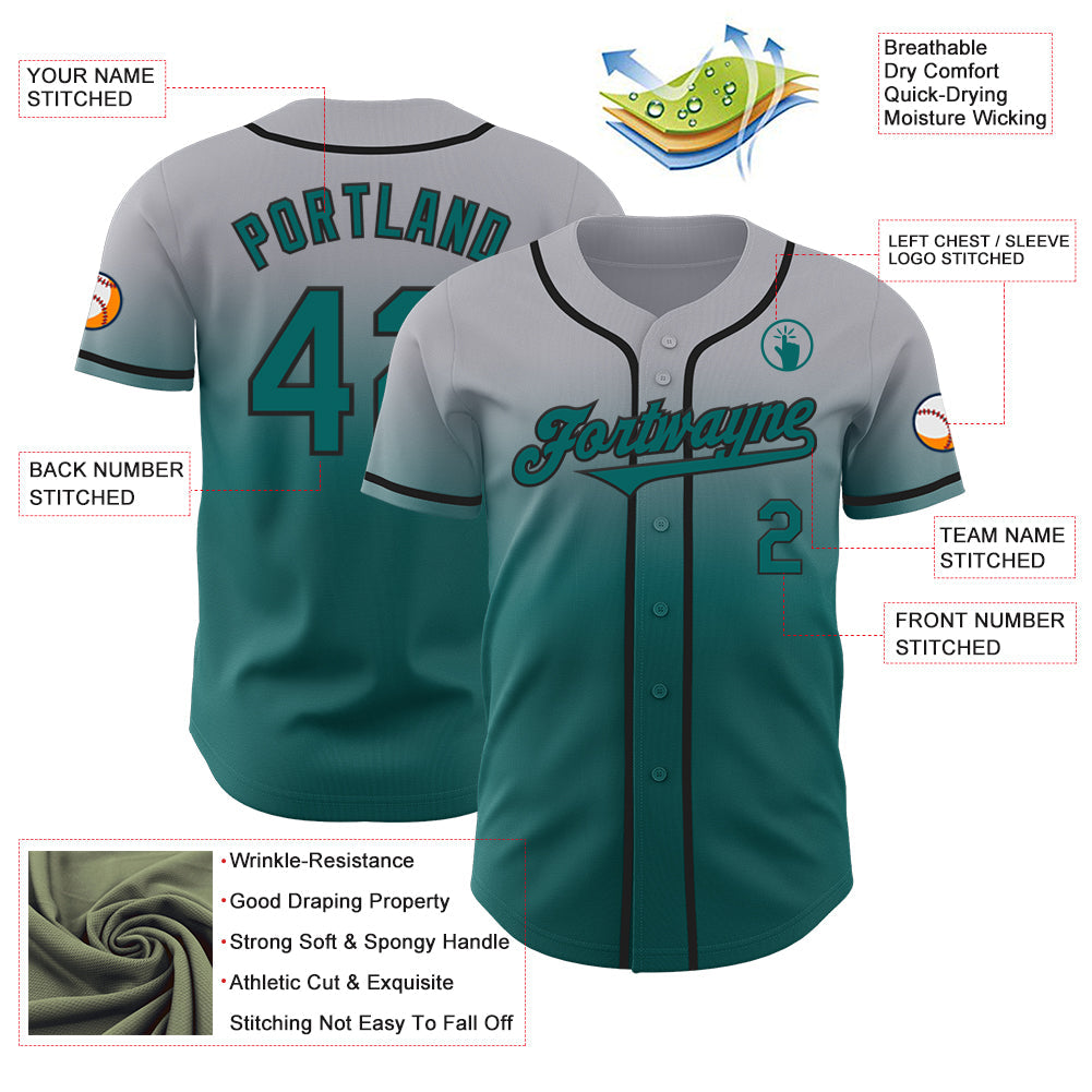 Custom Gray Teal-Black Authentic Fade Fashion Baseball Jersey view 3