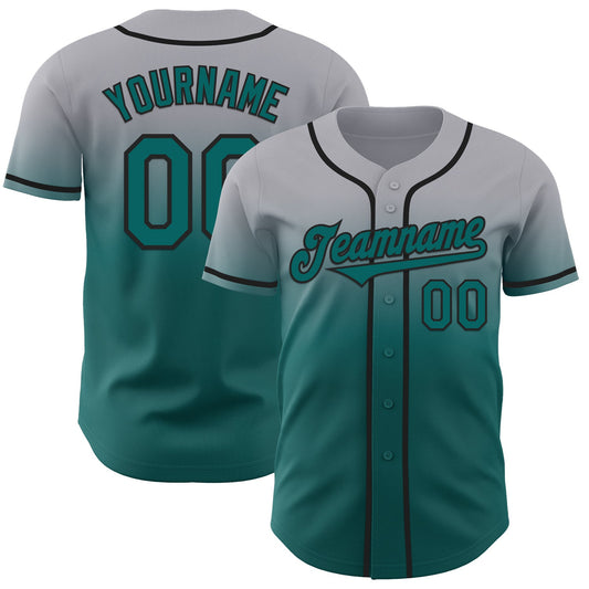 Custom Gray Teal-Black Authentic Fade Fashion Baseball Jersey - Main View