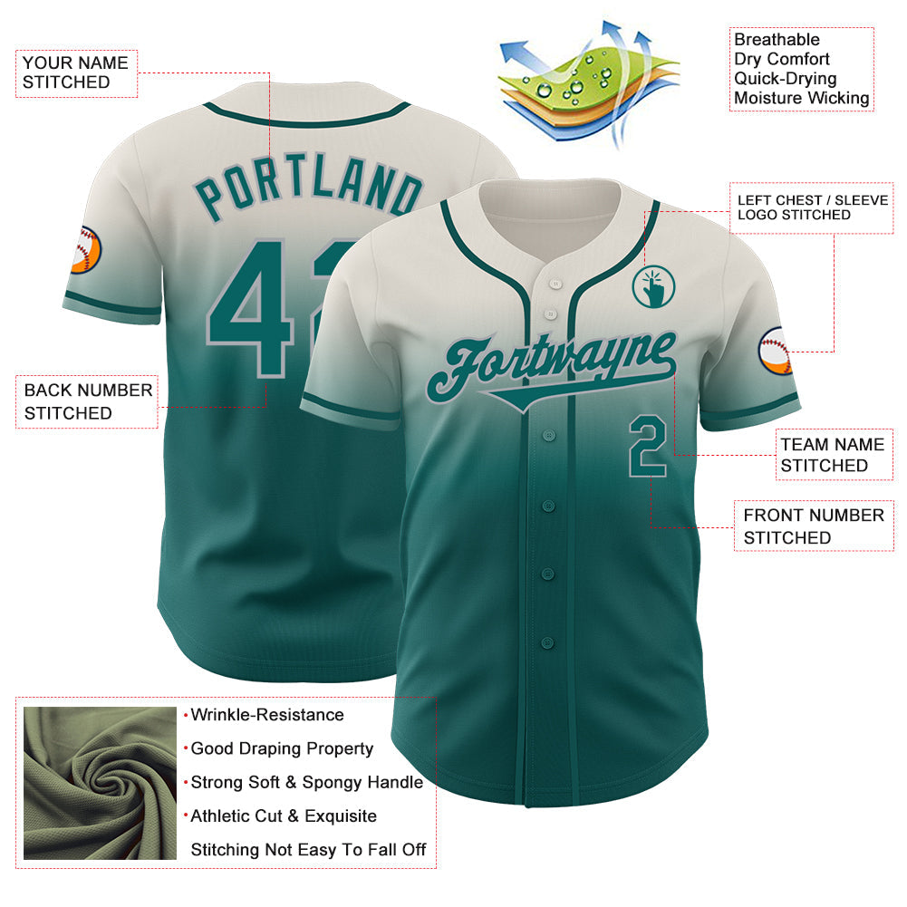 Custom Cream Teal-Gray Authentic Fade Fashion Baseball Jersey view 3