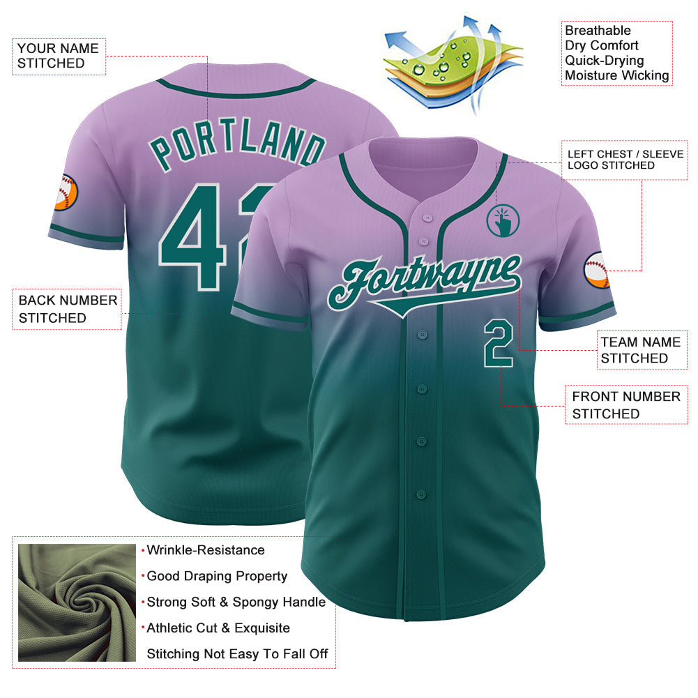 Custom Light Purple Teal-White Authentic Fade Fashion Baseball Jersey view 3