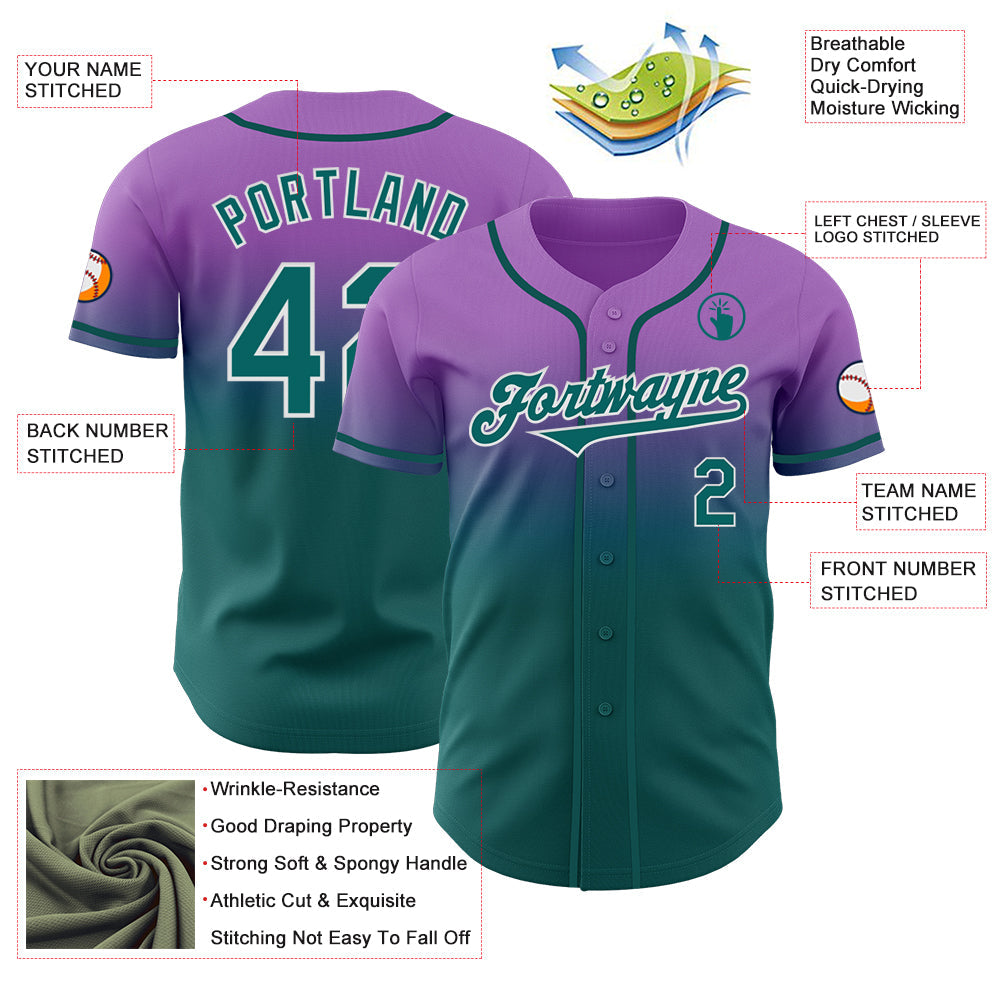 Custom Medium Purple Teal-White Authentic Fade Fashion Baseball Jersey view 3