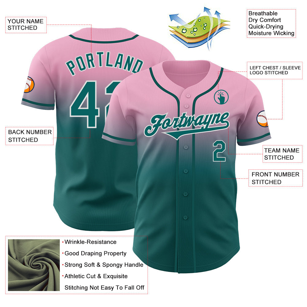 Custom Light Pink Teal-White Authentic Fade Fashion Baseball Jersey view 3
