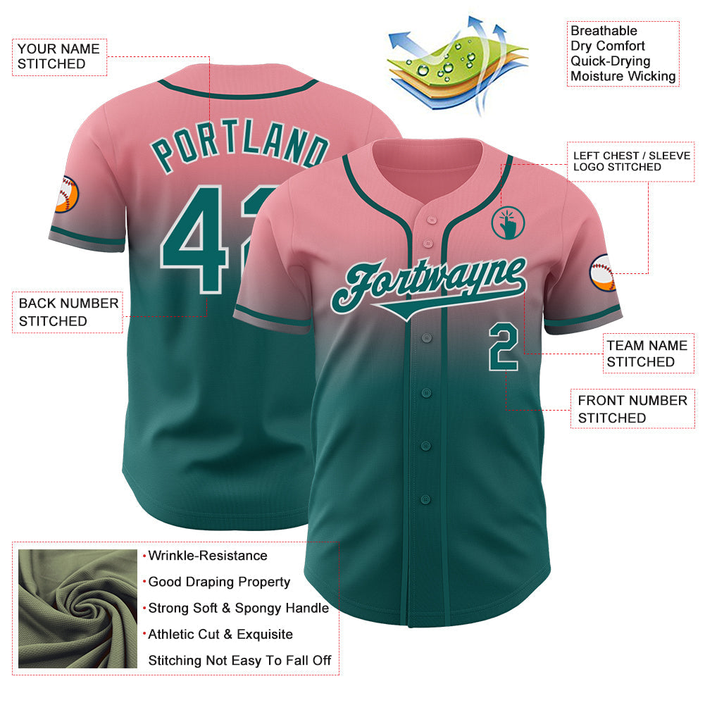 Custom Medium Pink Teal-White Authentic Fade Fashion Baseball Jersey view 3