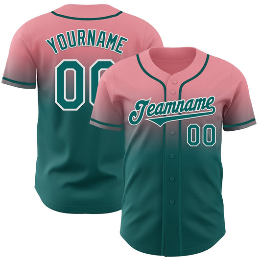 Custom Medium Pink Teal-White Authentic Fade Fashion Baseball Jersey - Main View