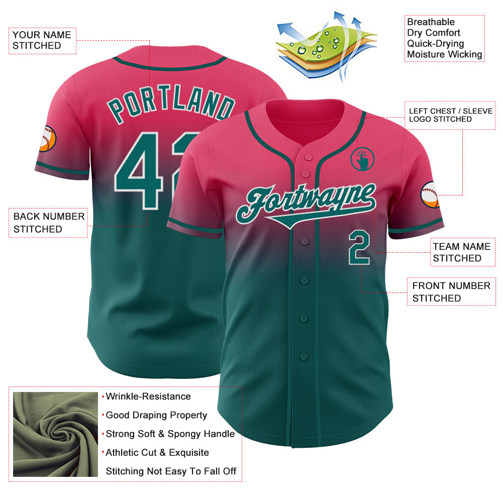 Custom Neon Pink Teal-White Authentic Fade Fashion Baseball Jersey view 3
