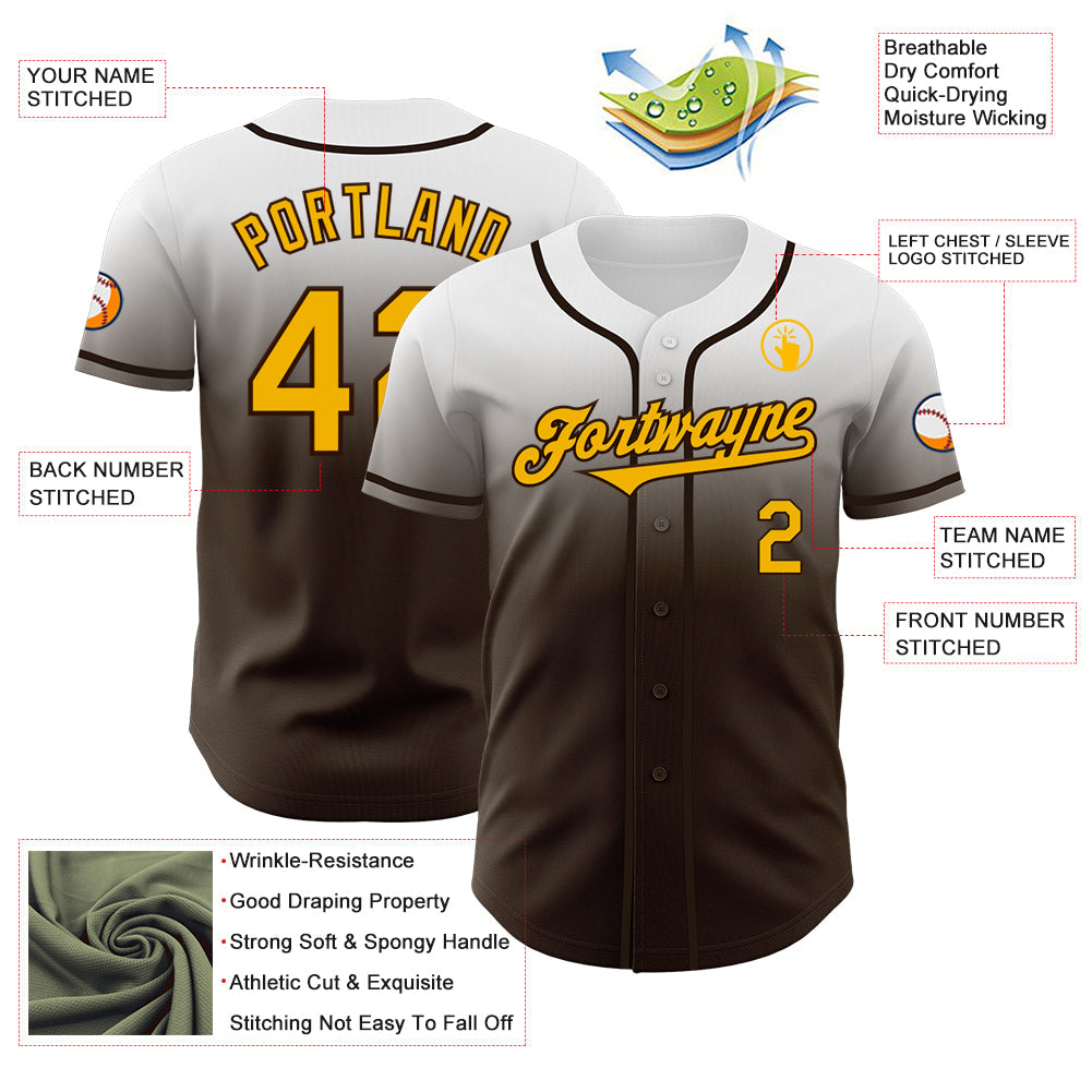 Custom White Gold-Brown Authentic Fade Fashion Baseball Jersey view 3