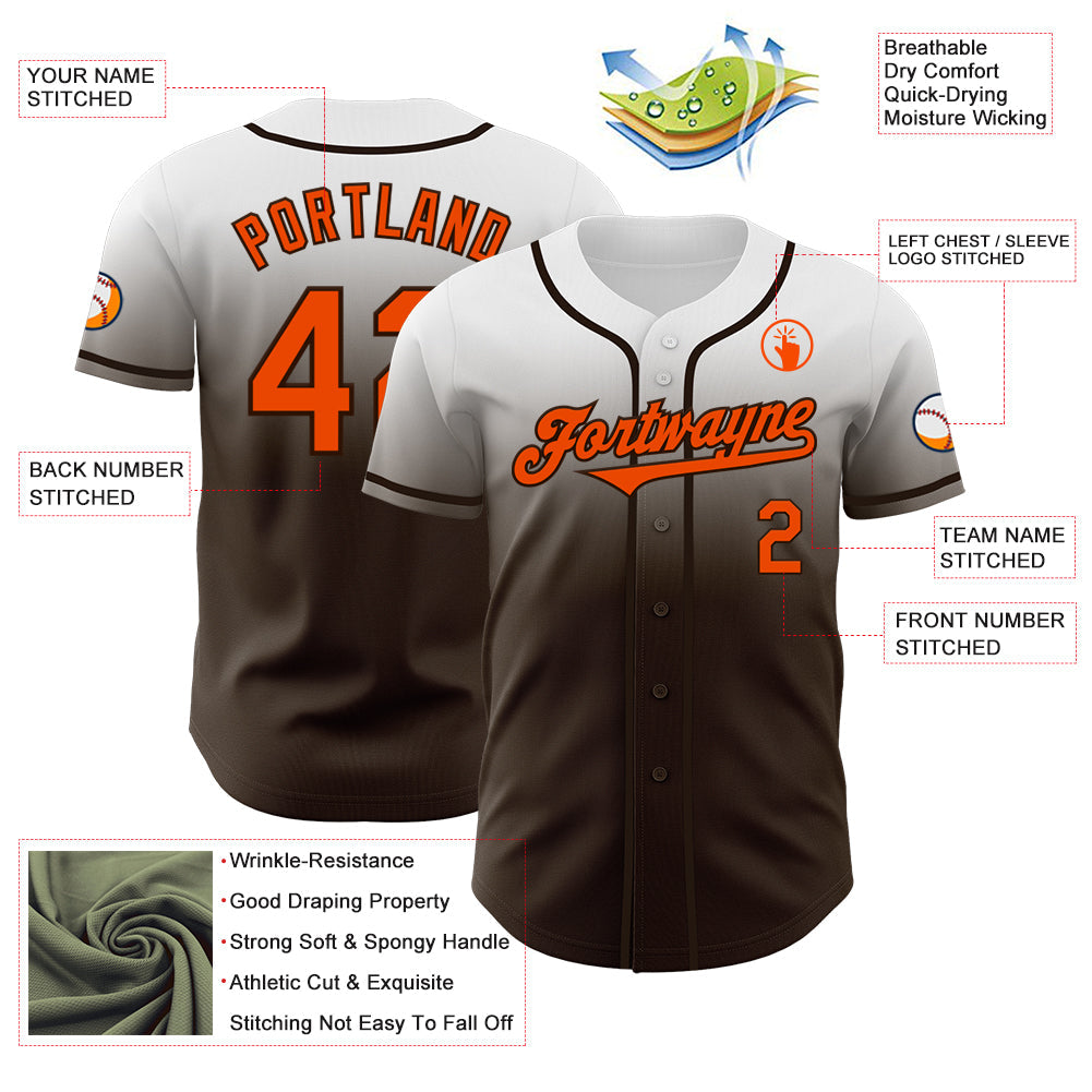Custom White Orange-Brown Authentic Fade Fashion Baseball Jersey view 3