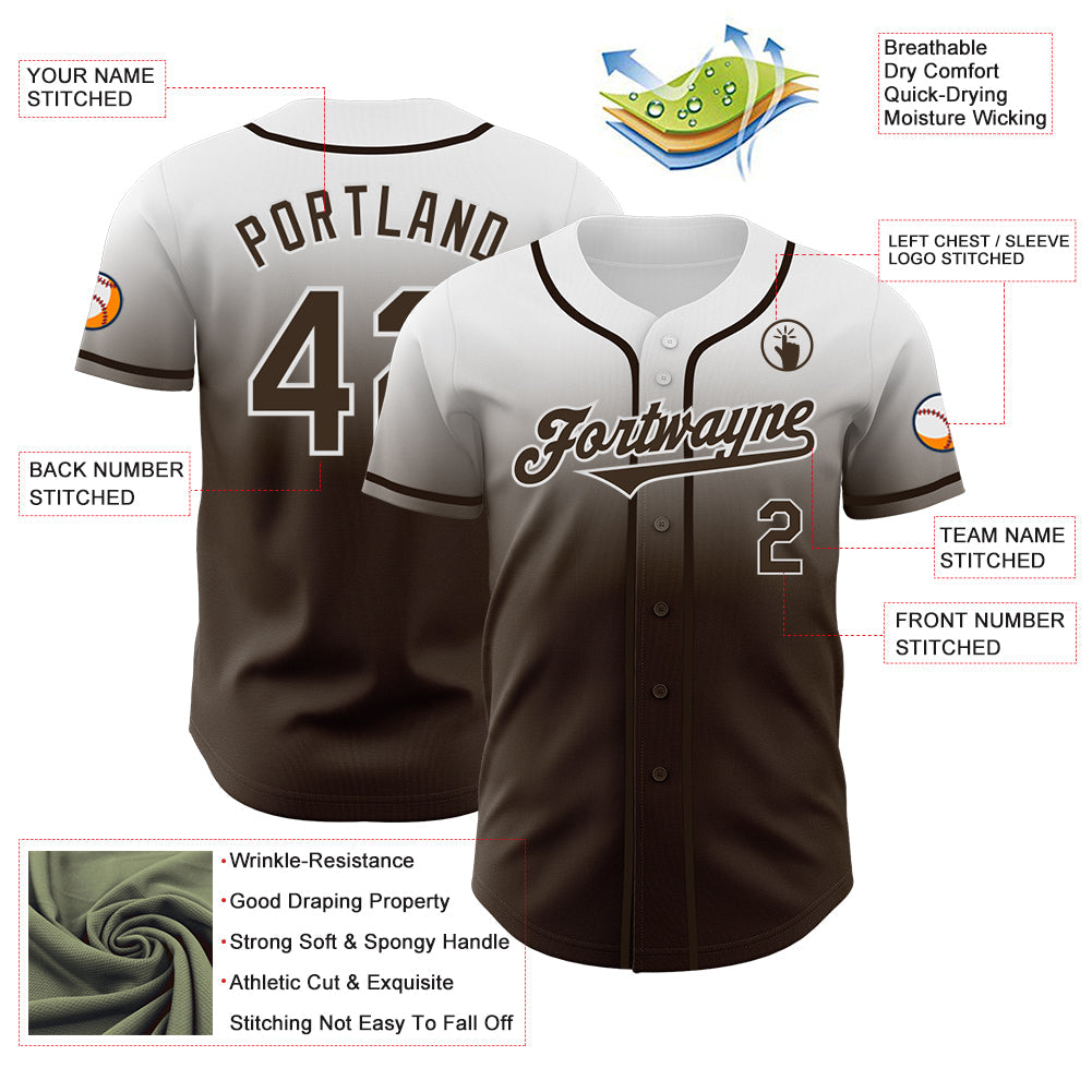 Custom White Brown Authentic Fade Fashion Baseball Jersey view 3