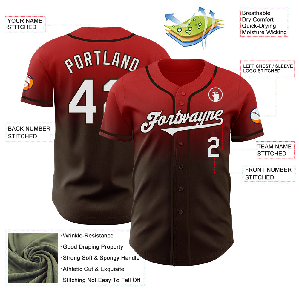 Custom Red White-Brown Authentic Fade Fashion Baseball Jersey view 3