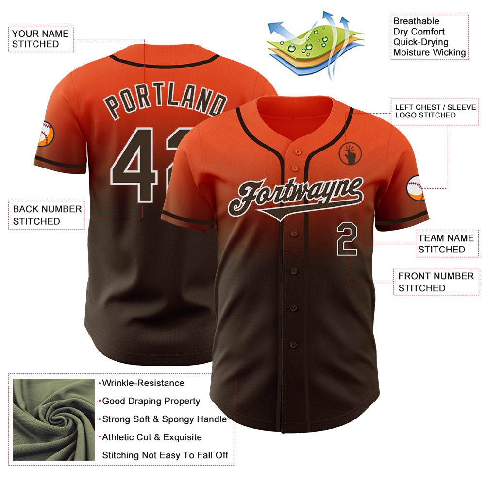 Custom Orange Brown-White Authentic Fade Fashion Baseball Jersey view 3