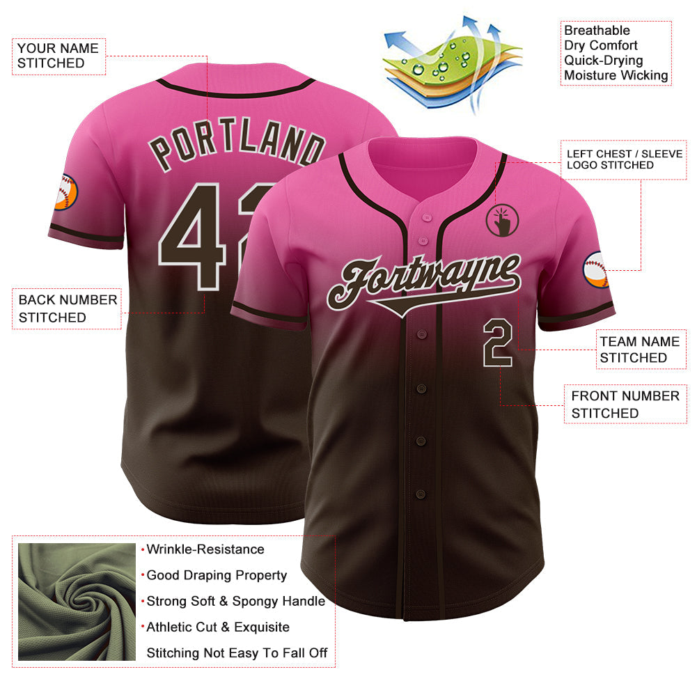Custom Pink Brown-White Authentic Fade Fashion Baseball Jersey view 3