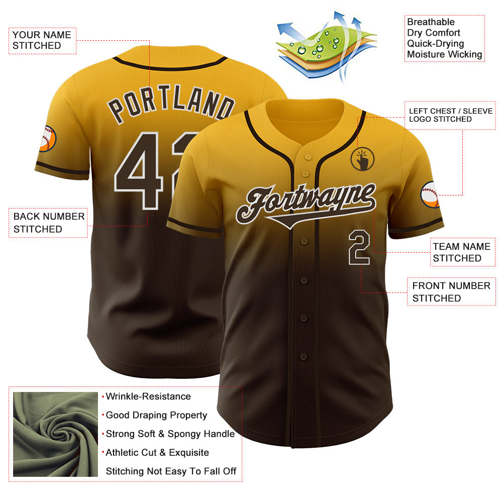 Custom Gold Brown-White Authentic Fade Fashion Baseball Jersey view 3