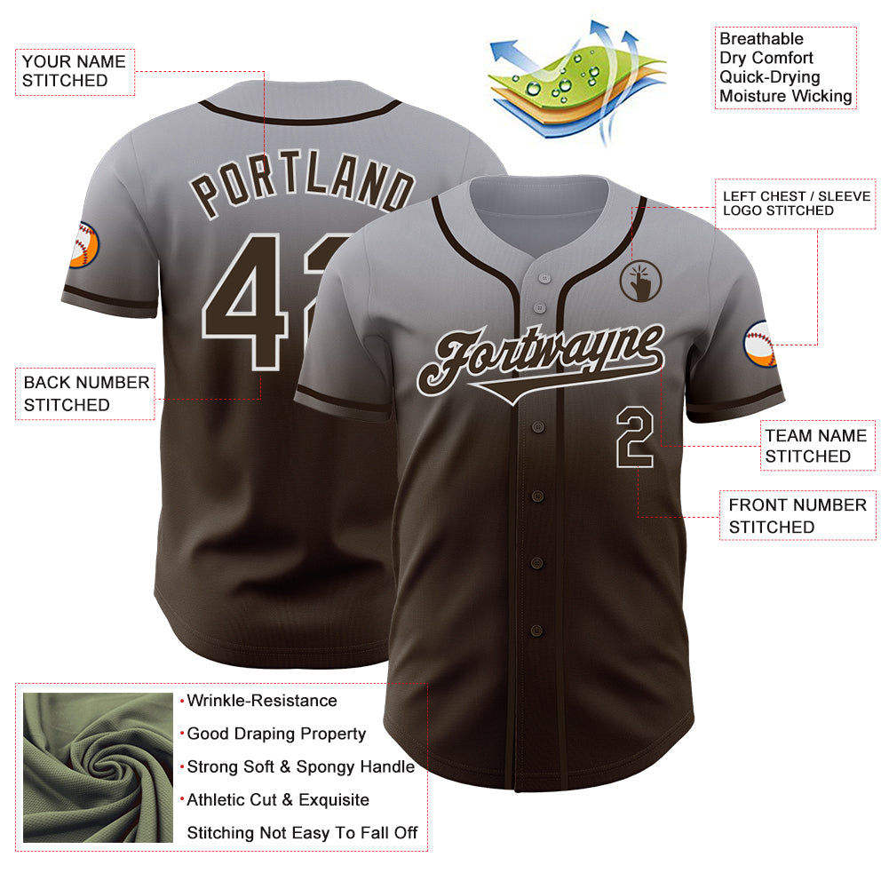 Custom Gray Brown-White Authentic Fade Fashion Baseball Jersey view 3