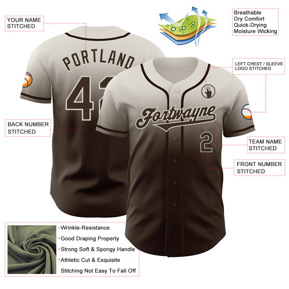 Custom Cream Brown Authentic Fade Fashion Baseball Jersey view 3