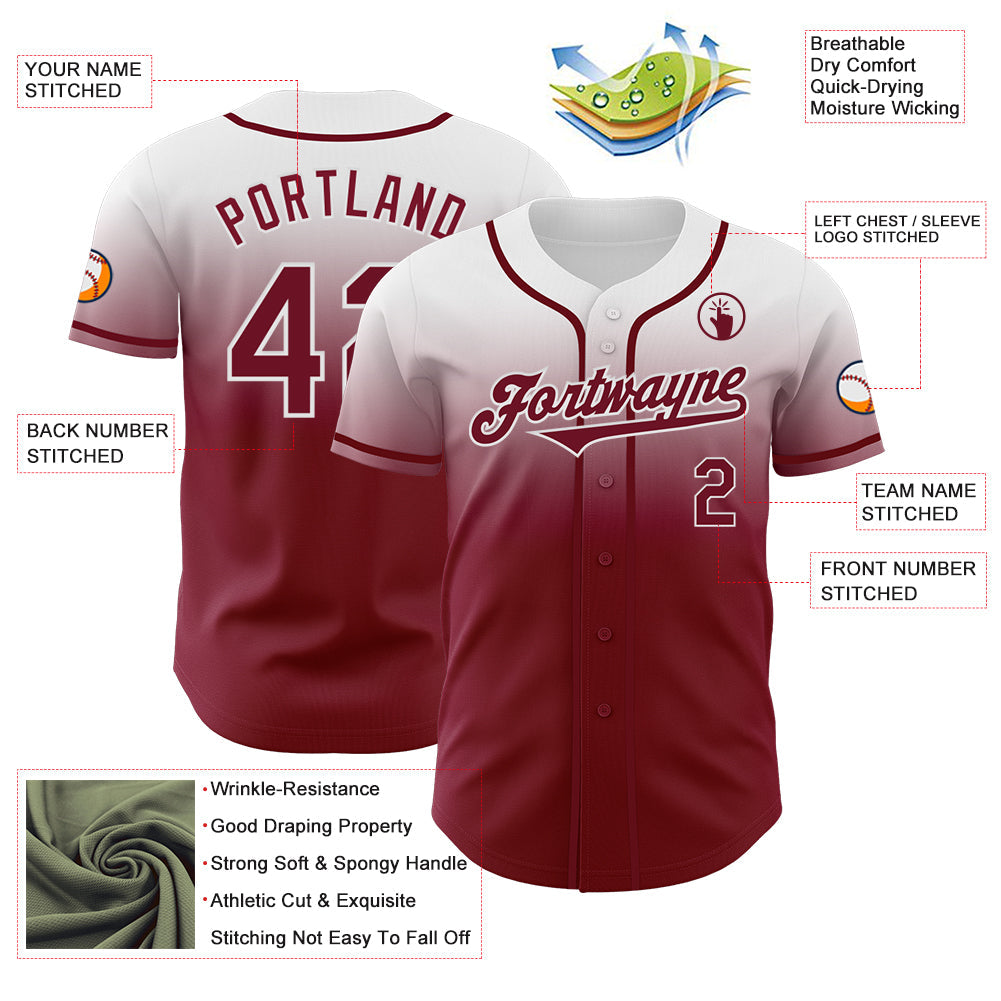 Custom White Crimson Authentic Fade Fashion Baseball Jersey view 3