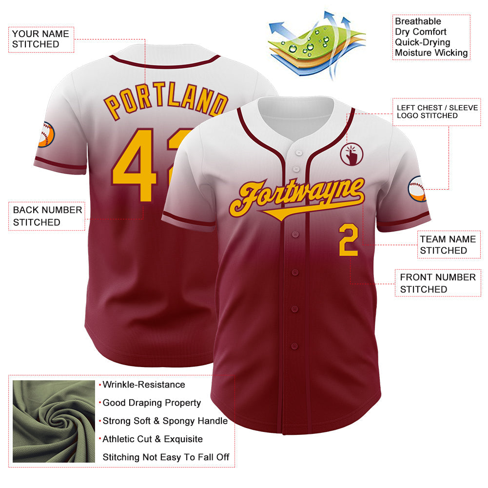 Custom White Gold-Crimson Authentic Fade Fashion Baseball Jersey view 3