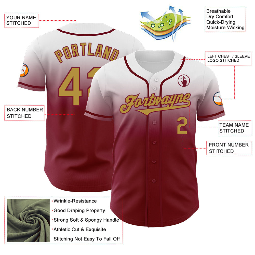 Custom White Old Gold-Crimson Authentic Fade Fashion Baseball Jersey view 3