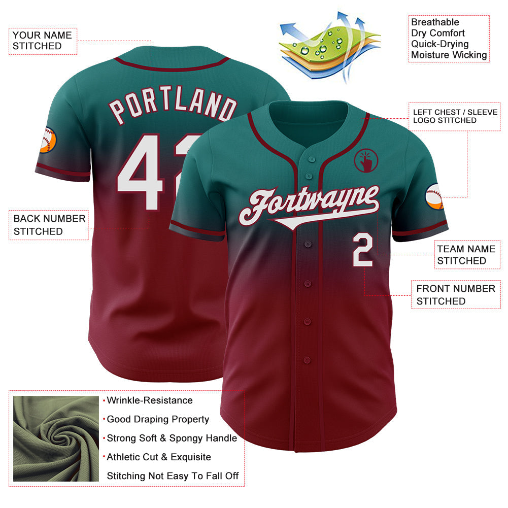 Custom Teal White-Crimson Authentic Fade Fashion Baseball Jersey view 3