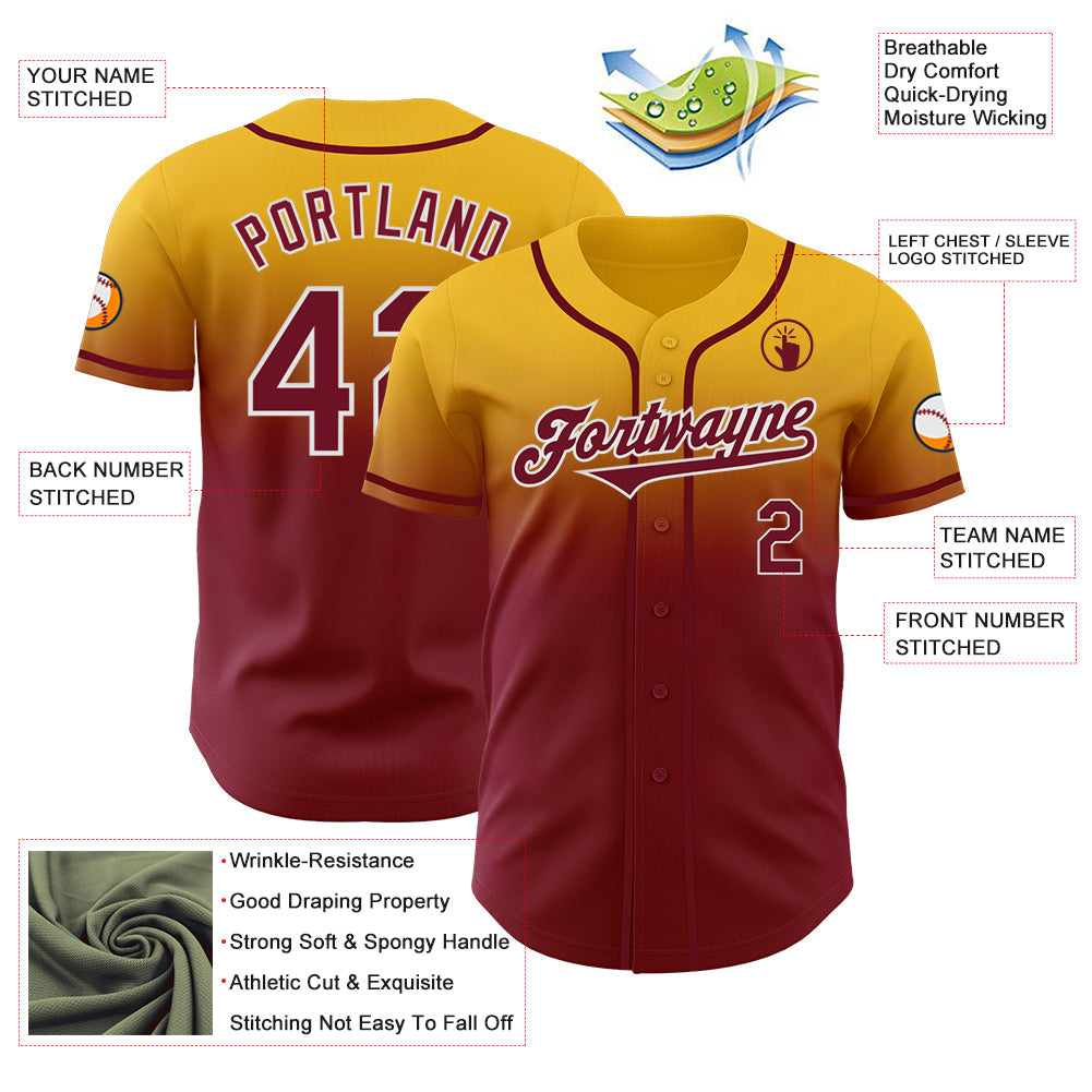 Custom Gold Crimson-White Authentic Fade Fashion Baseball Jersey view 3