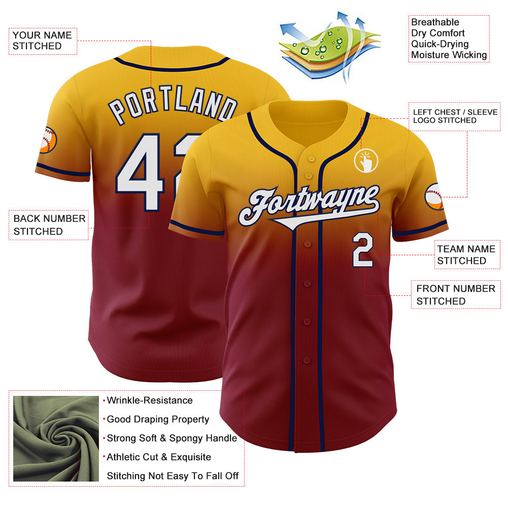 Custom Gold White Crimson-Navy Authentic Fade Fashion Baseball Jersey view 3
