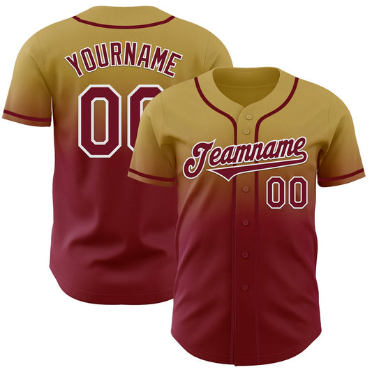 Custom Old Gold Crimson-White Authentic Fade Fashion Baseball Jersey - Main View
