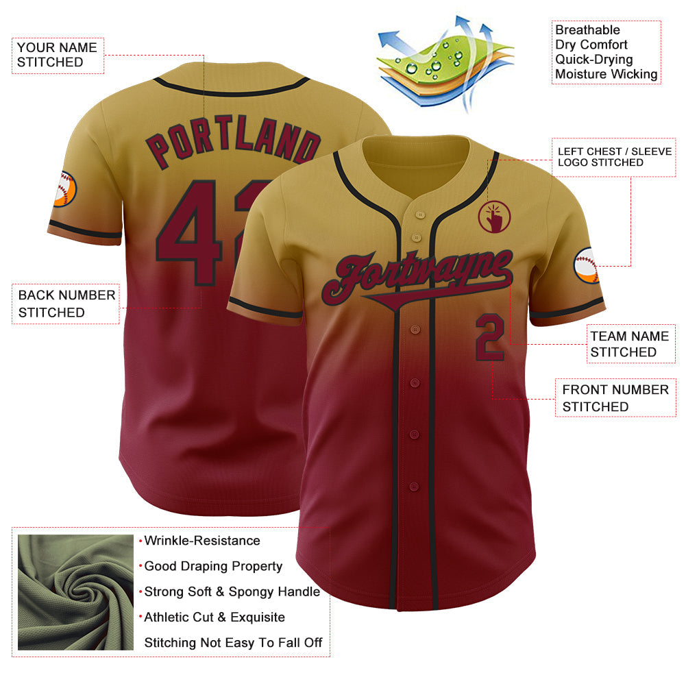 Custom Old Gold Crimson-Black Authentic Fade Fashion Baseball Jersey view 3
