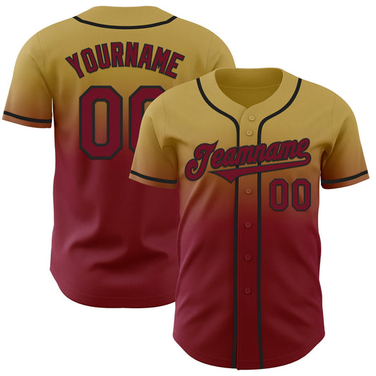 Custom Old Gold Crimson-Black Authentic Fade Fashion Baseball Jersey - Main View