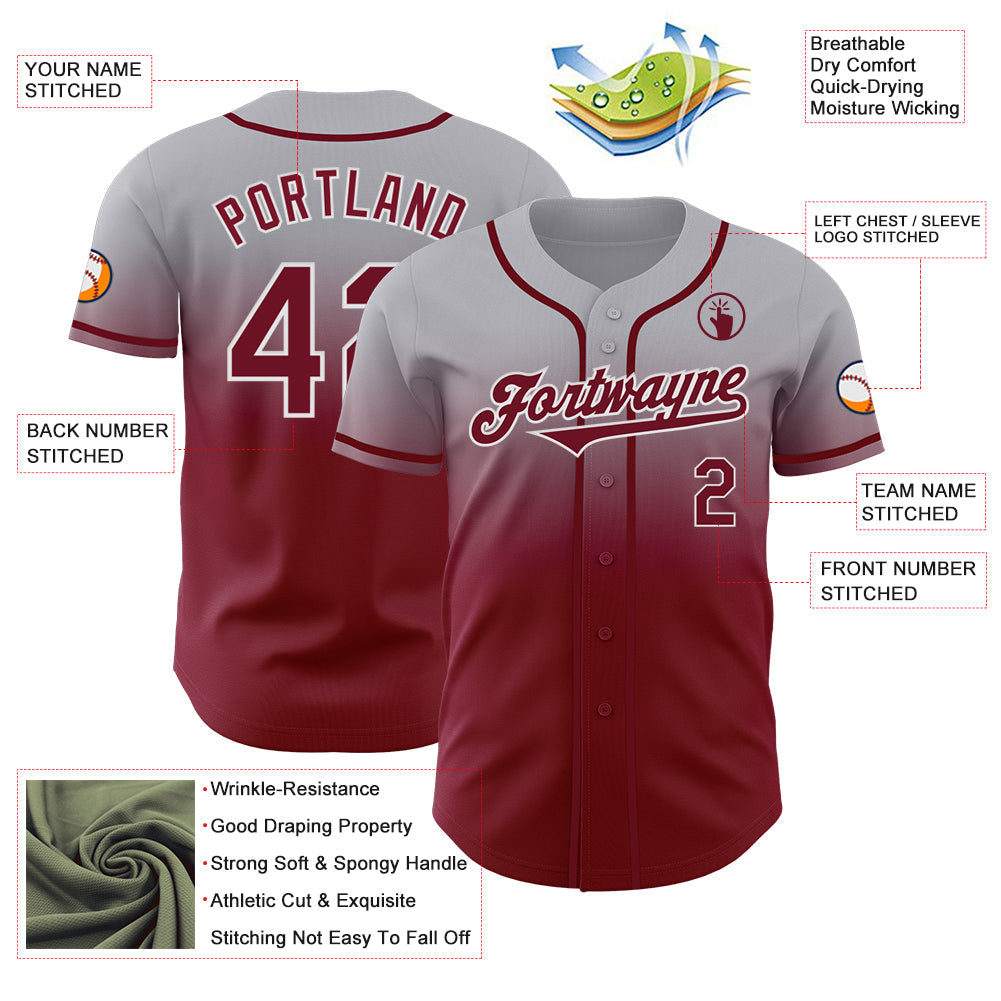 Custom Gray Crimson-White Authentic Fade Fashion Baseball Jersey view 3