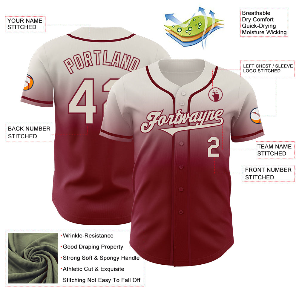 Custom Cream Crimson Authentic Fade Fashion Baseball Jersey view 3