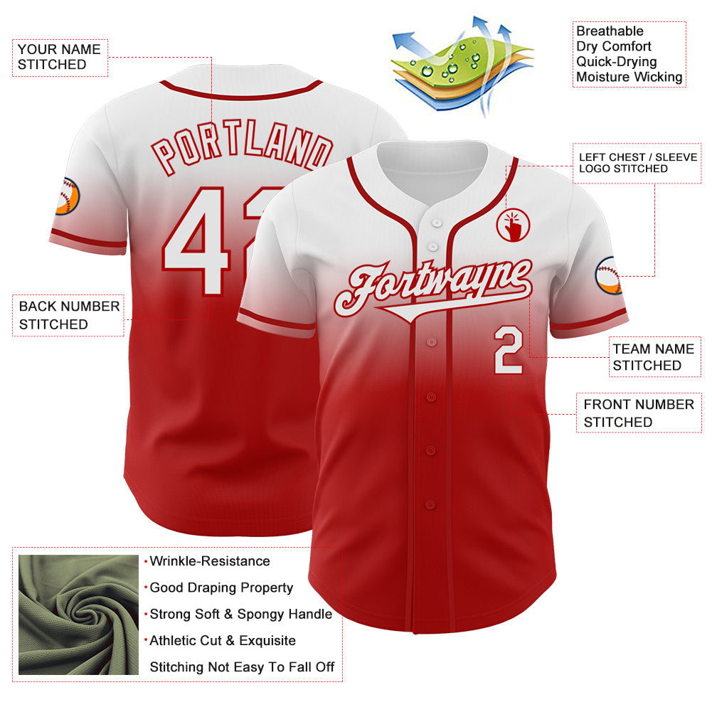 Custom White Red Authentic Fade Fashion Baseball Jersey view 3