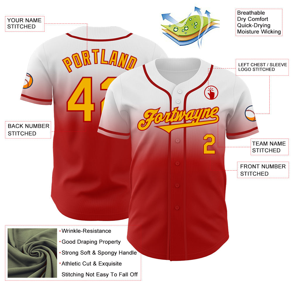 Custom White Gold-Red Authentic Fade Fashion Baseball Jersey view 3