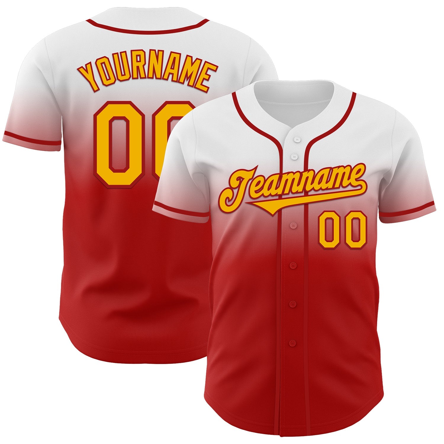 Custom White Gold-Red Authentic Fade Fashion Baseball Jersey - Main View