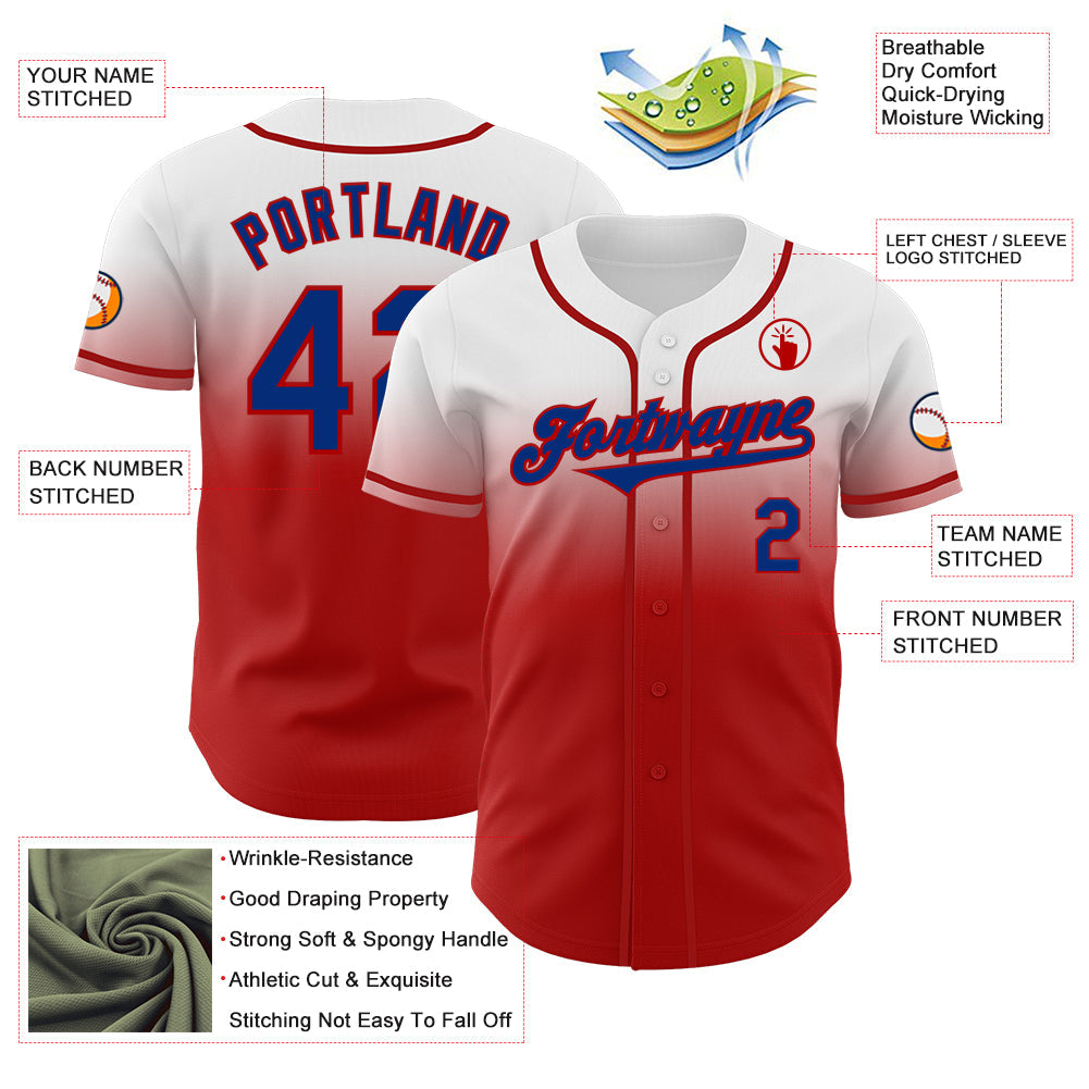 Custom White Royal-Red Authentic Fade Fashion Baseball Jersey view 3