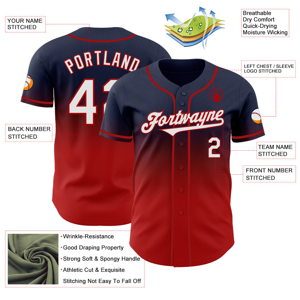 Custom Navy White-Red Authentic Fade Fashion Baseball Jersey view 3