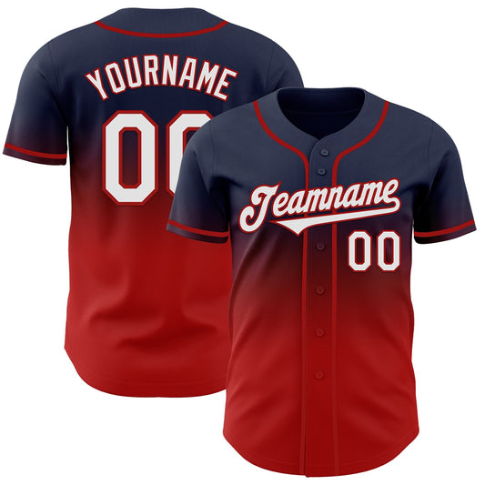 Custom Navy White-Red Authentic Fade Fashion Baseball Jersey - Main View