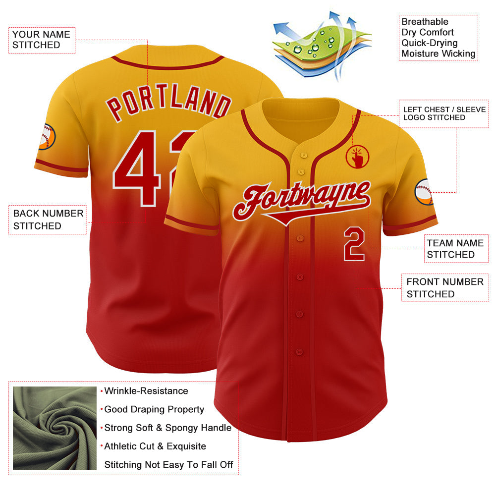 Custom Gold Red-White Authentic Fade Fashion Baseball Jersey view 3