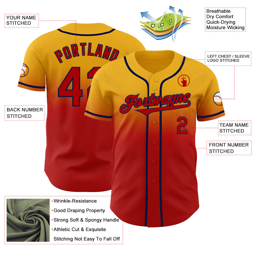 Custom Gold Red-Navy Authentic Fade Fashion Baseball Jersey view 3