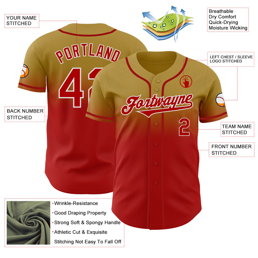 Custom Old Gold Red-White Authentic Fade Fashion Baseball Jersey view 3
