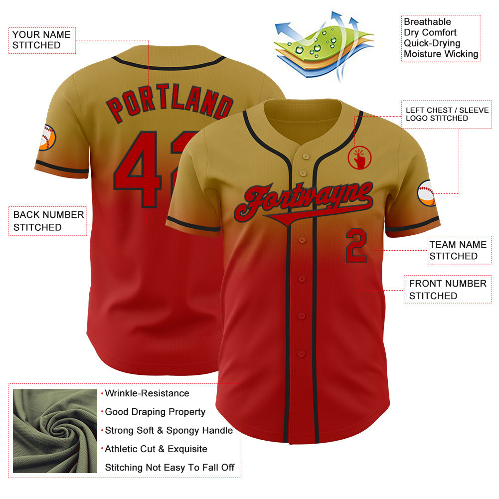 Custom Old Gold Red-Black Authentic Fade Fashion Baseball Jersey view 3