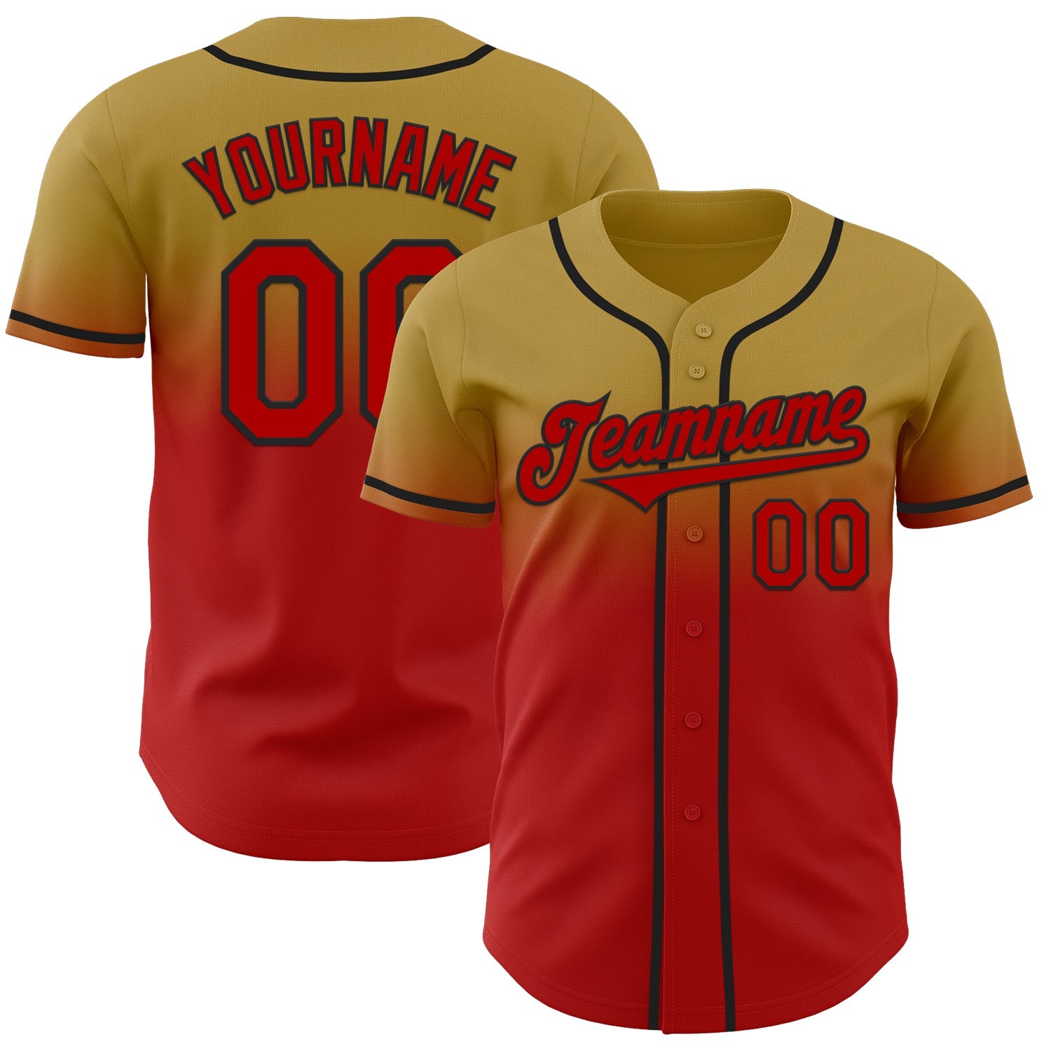 Custom Old Gold Red-Black Authentic Fade Fashion Baseball Jersey - Main View