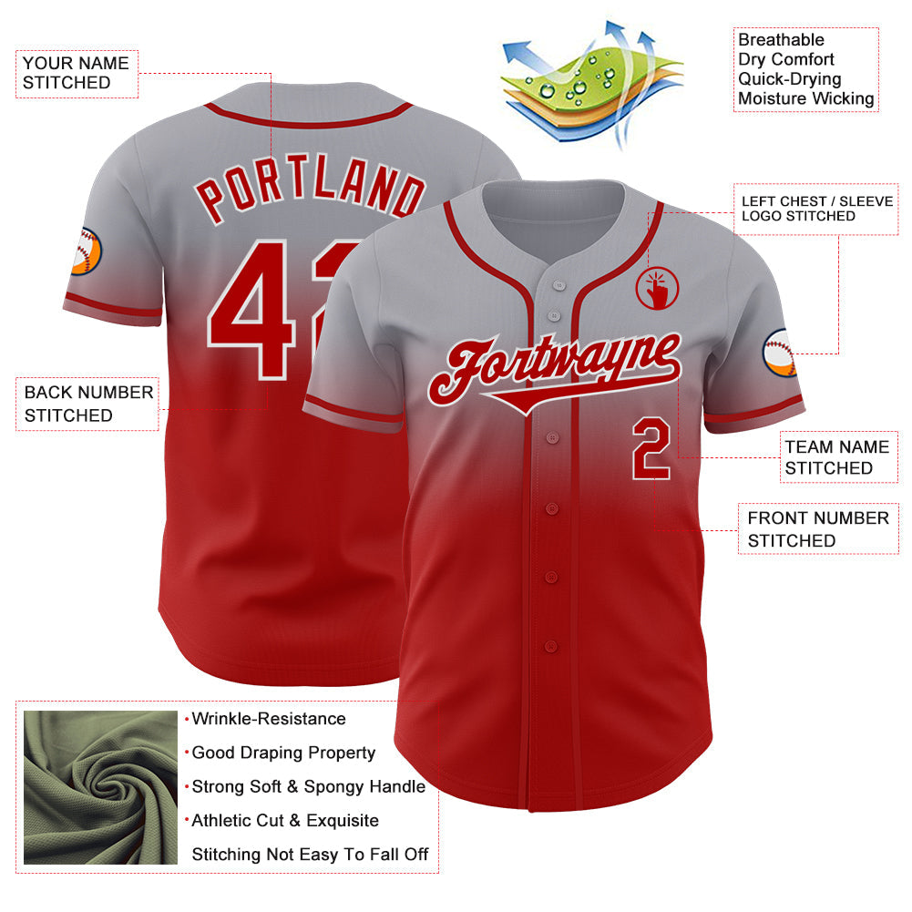 Custom Gray Red-White Authentic Fade Fashion Baseball Jersey view 3