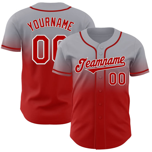 Custom Gray Red-White Authentic Fade Fashion Baseball Jersey - Main View