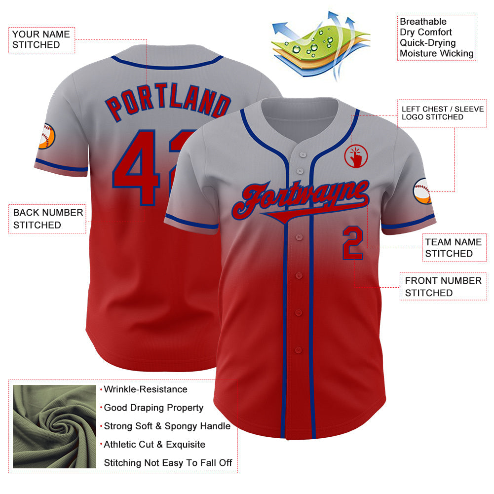 Custom Gray Red-Royal Authentic Fade Fashion Baseball Jersey view 3